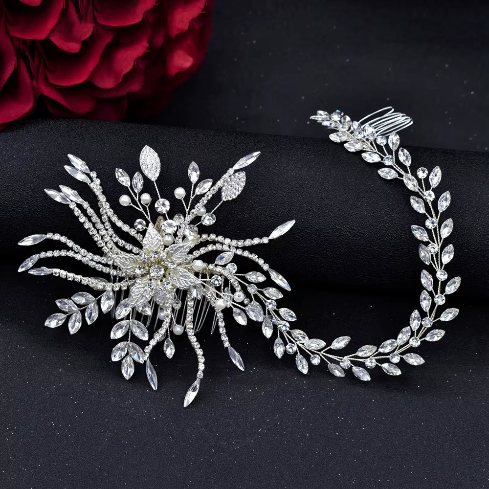 A274 Elegant Handmade Bridal Headband - Extra Long Rhinestone and Crystal Tiara for Weddings and Special Occasions