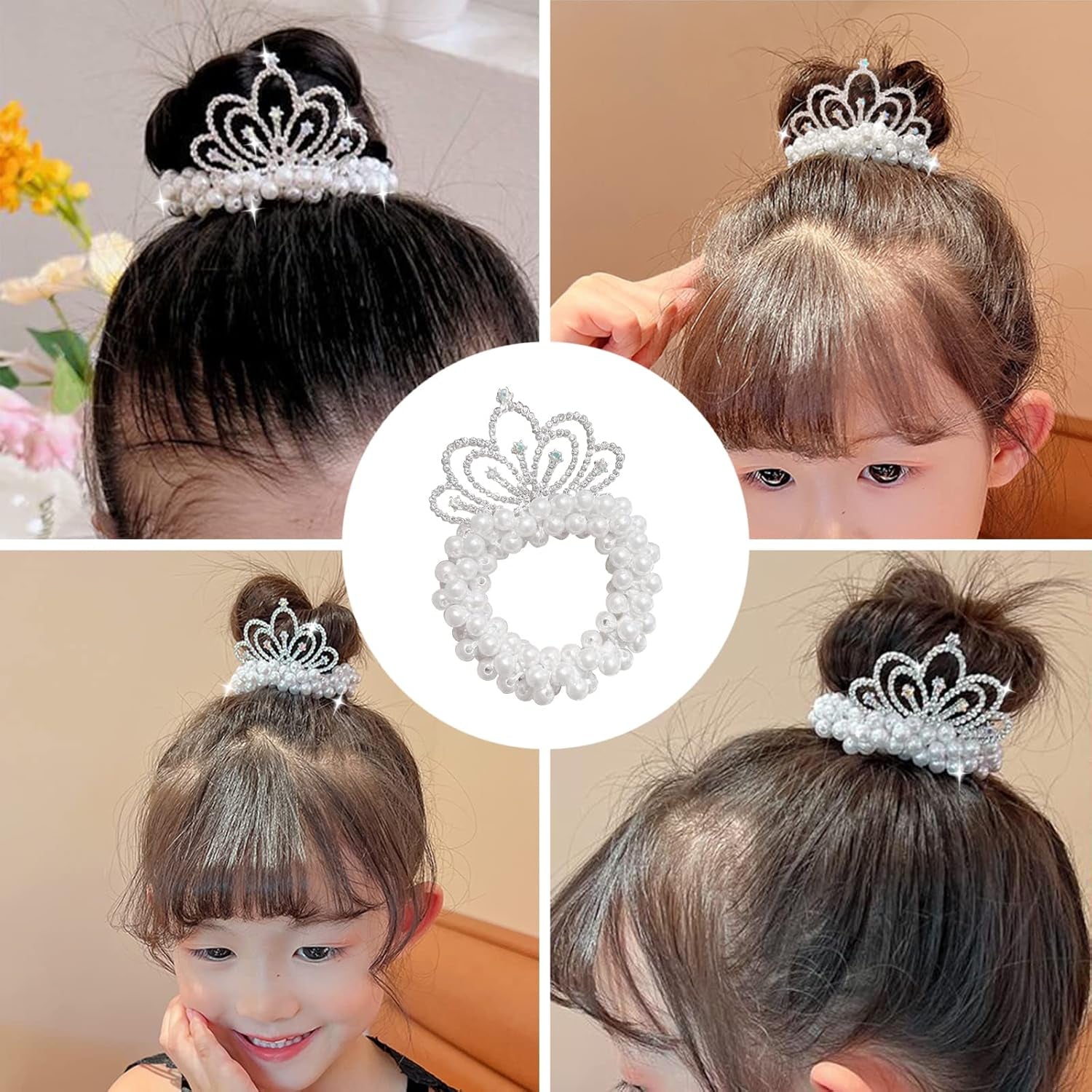 Baby Toddler Hair Ties, Pearl Beads Hair Scrunchies with Crown, Hair Ties Band Elastic Hari Bands Ponytail Holders Hair Accessories for Princess Crystal Shiny Tiaras Headbands (Cloud)