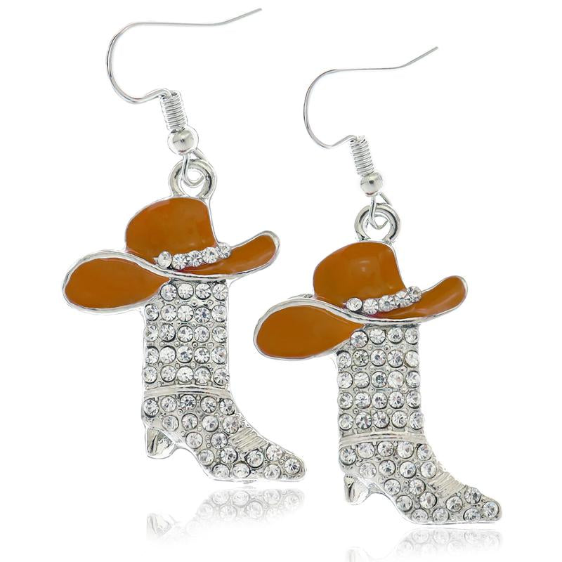 Step Up Your Spunk: Western Cowgirl Cowboy Boot Hat Earrings for the Daring Diva - Sparkle Like a Rhinestone Rebel at Halloween Parties!