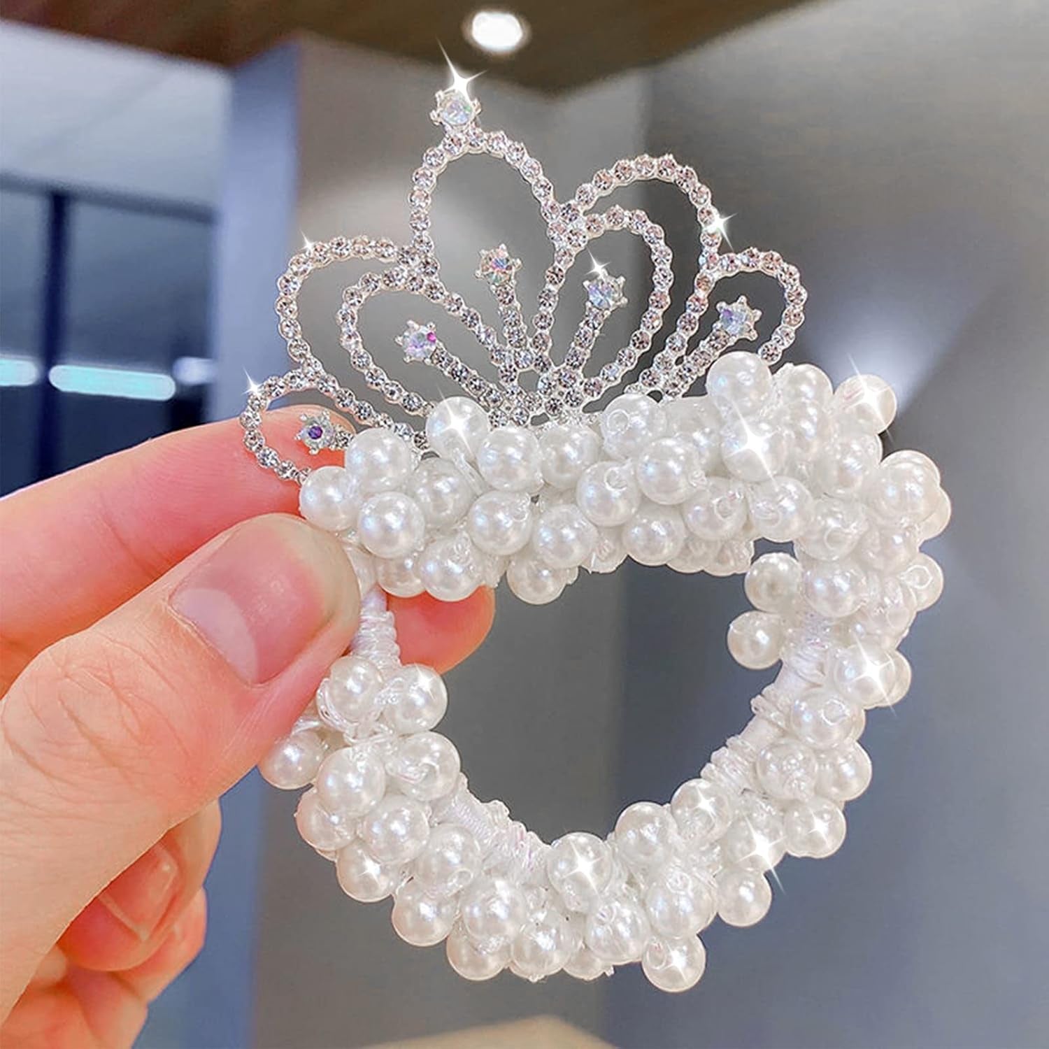 Baby Toddler Hair Ties, Pearl Beads Hair Scrunchies with Crown, Hair Ties Band Elastic Hari Bands Ponytail Holders Hair Accessories for Princess Crystal Shiny Tiaras Headbands (Cloud)