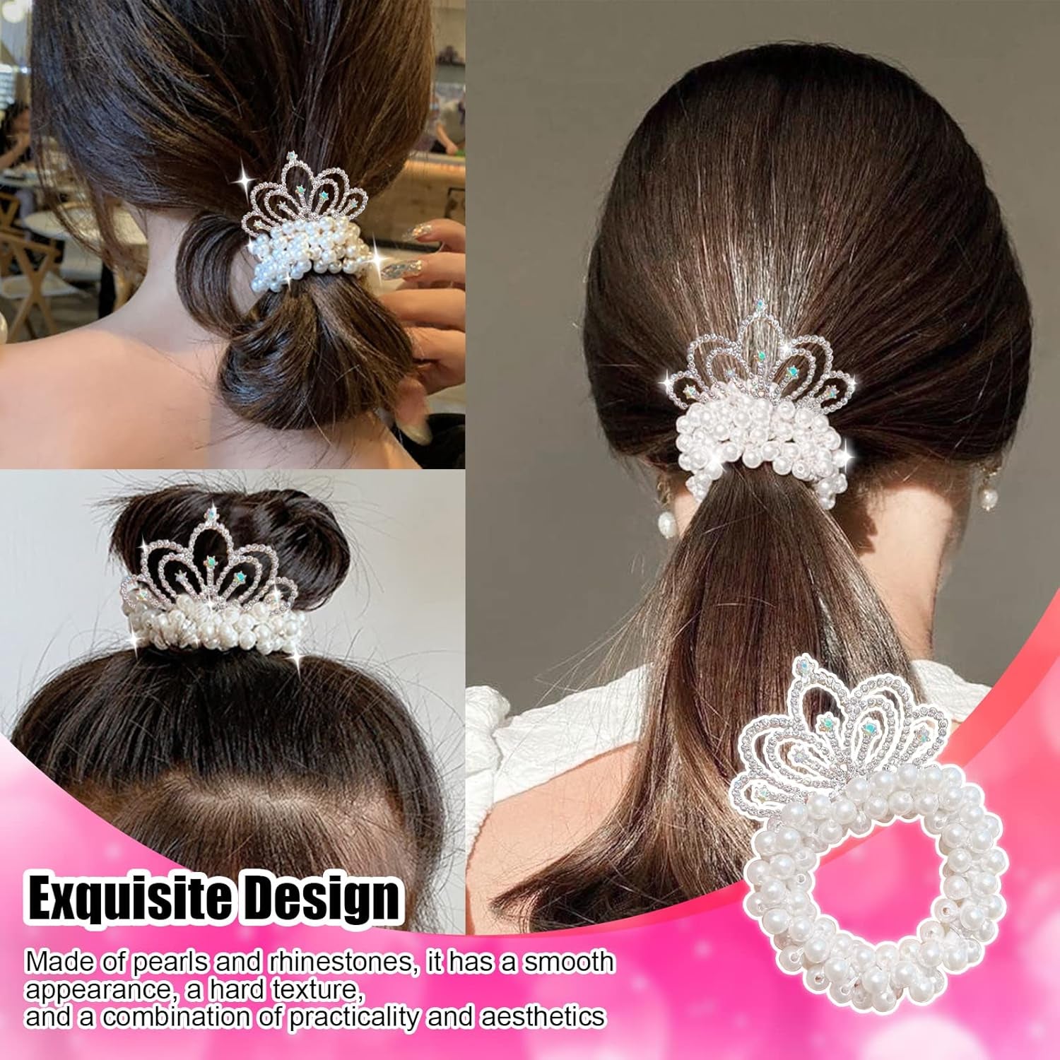 Baby Toddler Hair Ties, Pearl Beads Hair Scrunchies with Crown, Hair Ties Band Elastic Hari Bands Ponytail Holders Hair Accessories for Princess Crystal Shiny Tiaras Headbands (Cloud)