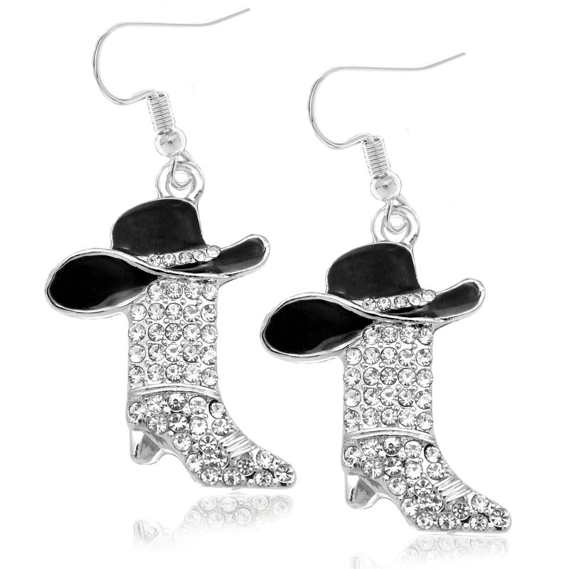 Step Up Your Spunk: Western Cowgirl Cowboy Boot Hat Earrings for the Daring Diva - Sparkle Like a Rhinestone Rebel at Halloween Parties!