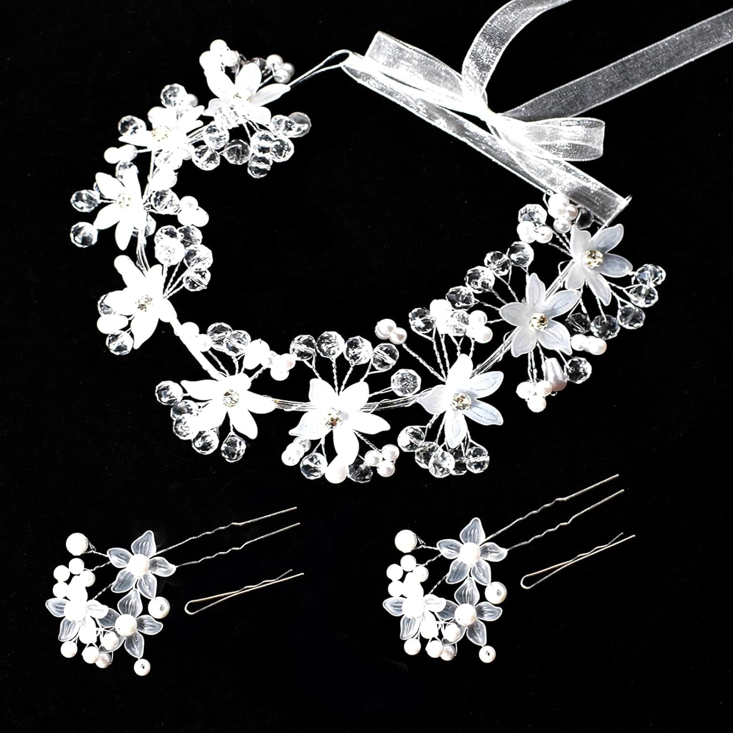 Flower Girl Headpiece, Crystal Pearl Floral Crown Headbands for Wedding, Silver Tiaras Hair Accessories for Women Girls Bride Valentine Wedding