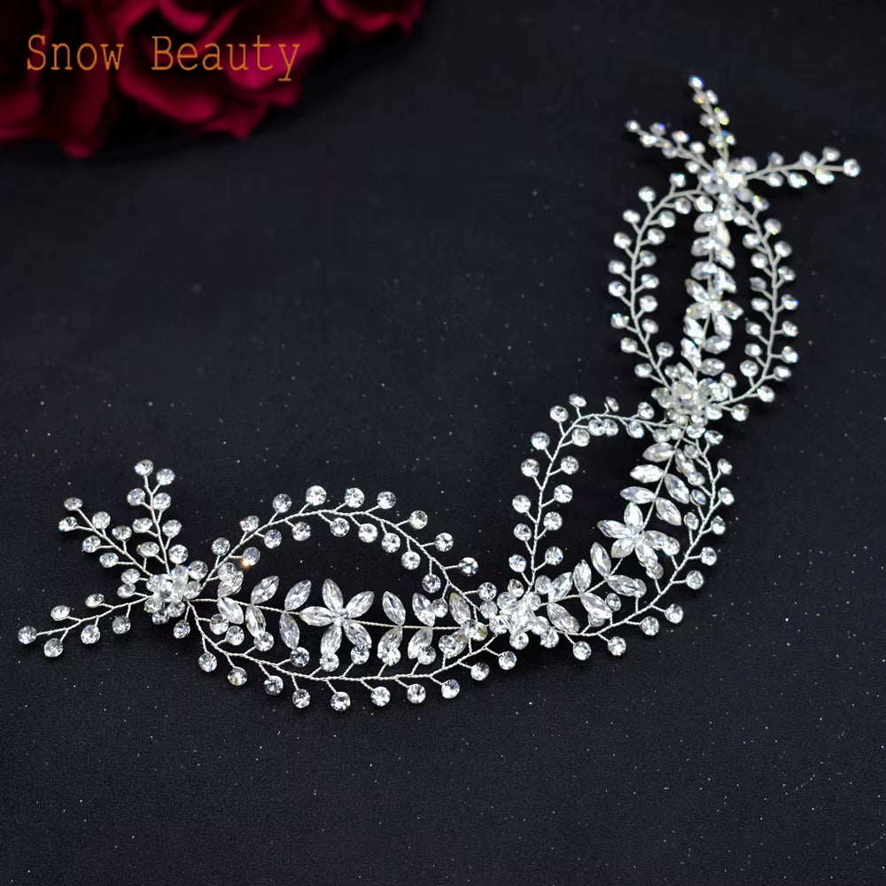 A274 Elegant Handmade Bridal Headband - Extra Long Rhinestone and Crystal Tiara for Weddings and Special Occasions