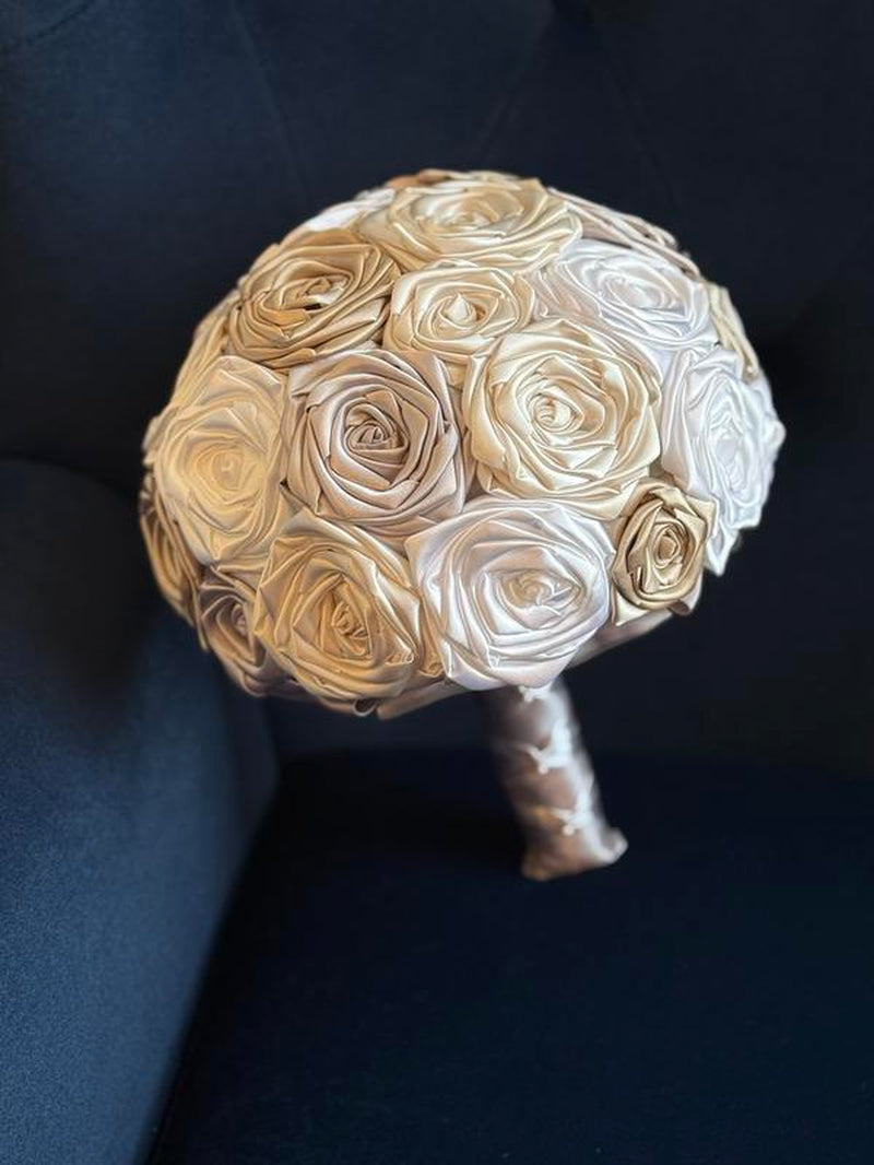 Mila's Bouquet: Elegant Ivory, White, Silver, and Champagne Bridal Bouquet for Outdoor, Beach, and Church Weddings - Handmade Satin Rose Design for Budget-Conscious Brides