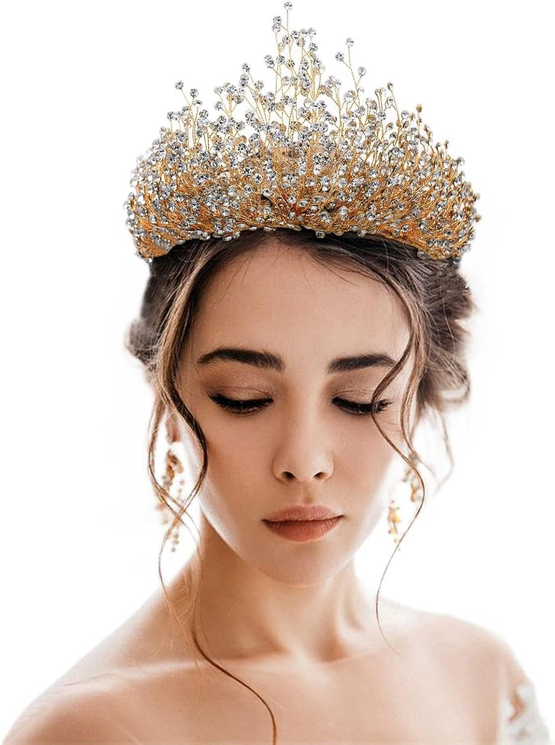 Exquisite Gold Bridal Crystal Tiara Crown Set with Necklace and Earrings - Perfect for Weddings and Special Occasions