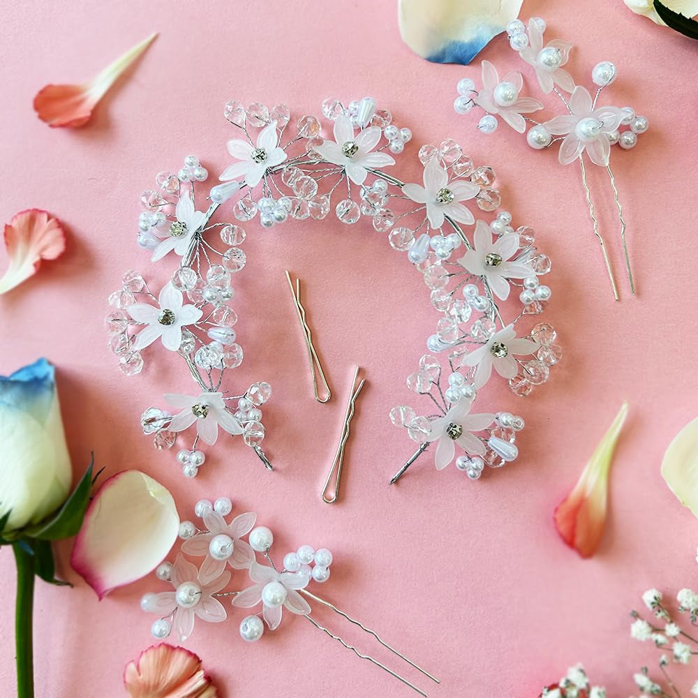 Flower Girl Headpiece, Crystal Pearl Floral Crown Headbands for Wedding, Silver Tiaras Hair Accessories for Women Girls Bride Valentine Wedding