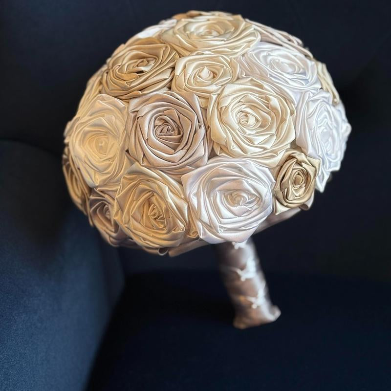 Mila's Bouquet: Elegant Ivory, White, Silver, and Champagne Bridal Bouquet for Outdoor, Beach, and Church Weddings - Handmade Satin Rose Design for Budget-Conscious Brides