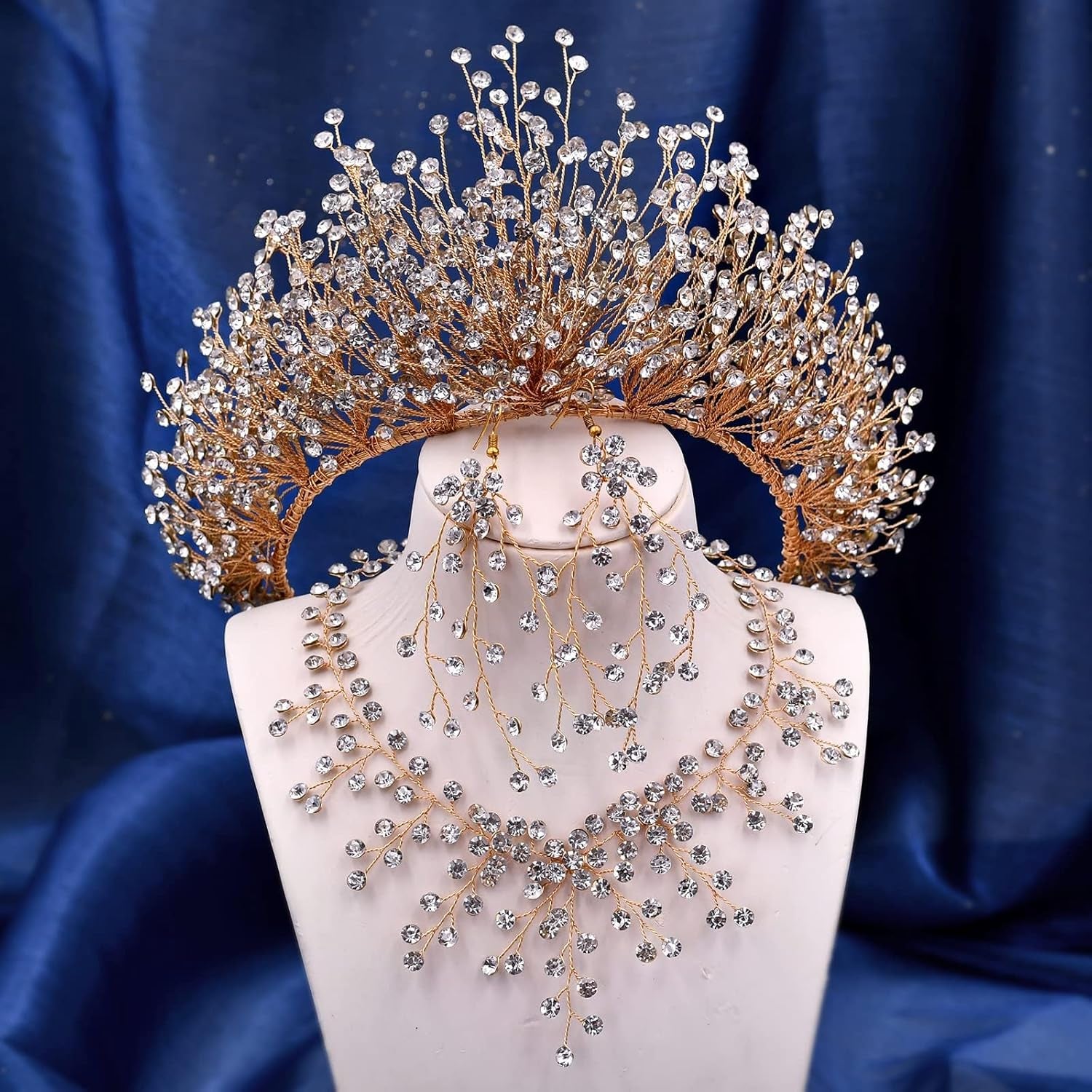 Exquisite Gold Bridal Crystal Tiara Crown Set with Necklace and Earrings - Perfect for Weddings and Special Occasions