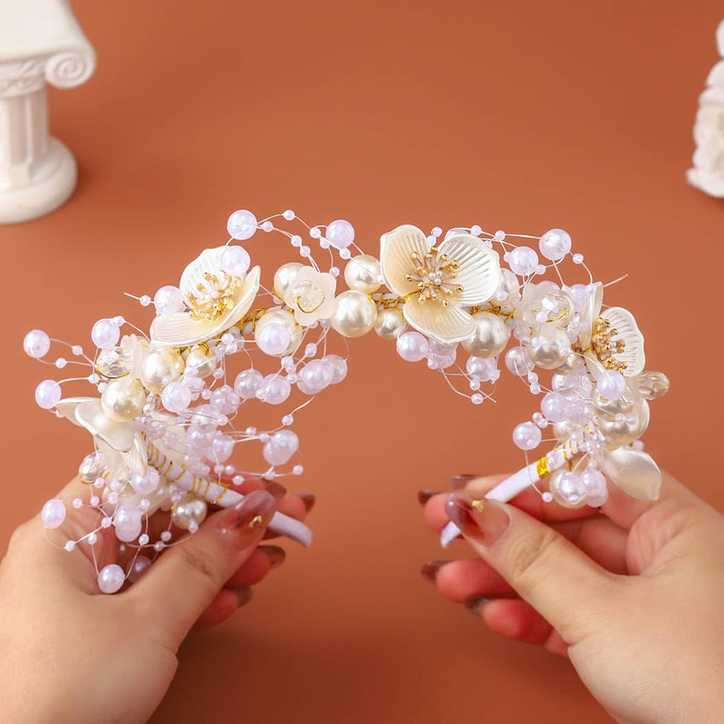 Exquisite White Pearl Floral Bridal Headband with Sparkling Rhinestones - The Perfect Hair Accessory for Weddings and Special Occasions