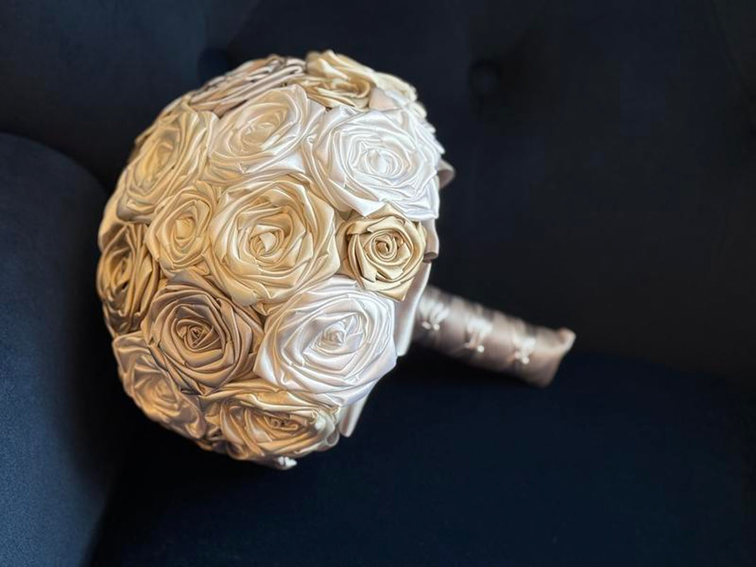 Mila's Bouquet: Elegant Ivory, White, Silver, and Champagne Bridal Bouquet for Outdoor, Beach, and Church Weddings - Handmade Satin Rose Design for Budget-Conscious Brides