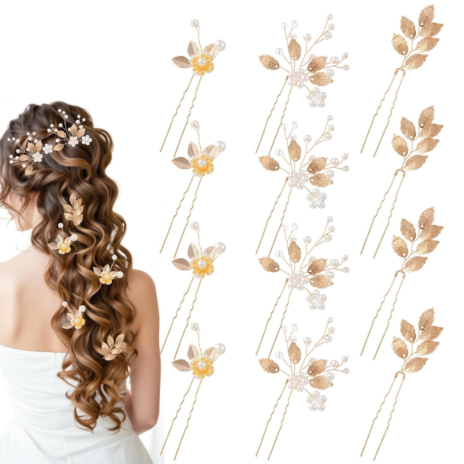 Elevate Your Elegance with Our 12-Piece Gold Leaf and Crystal Pearl Bridal Hair Pin Set - Perfect for Weddings, Proms, and Special Occasions!