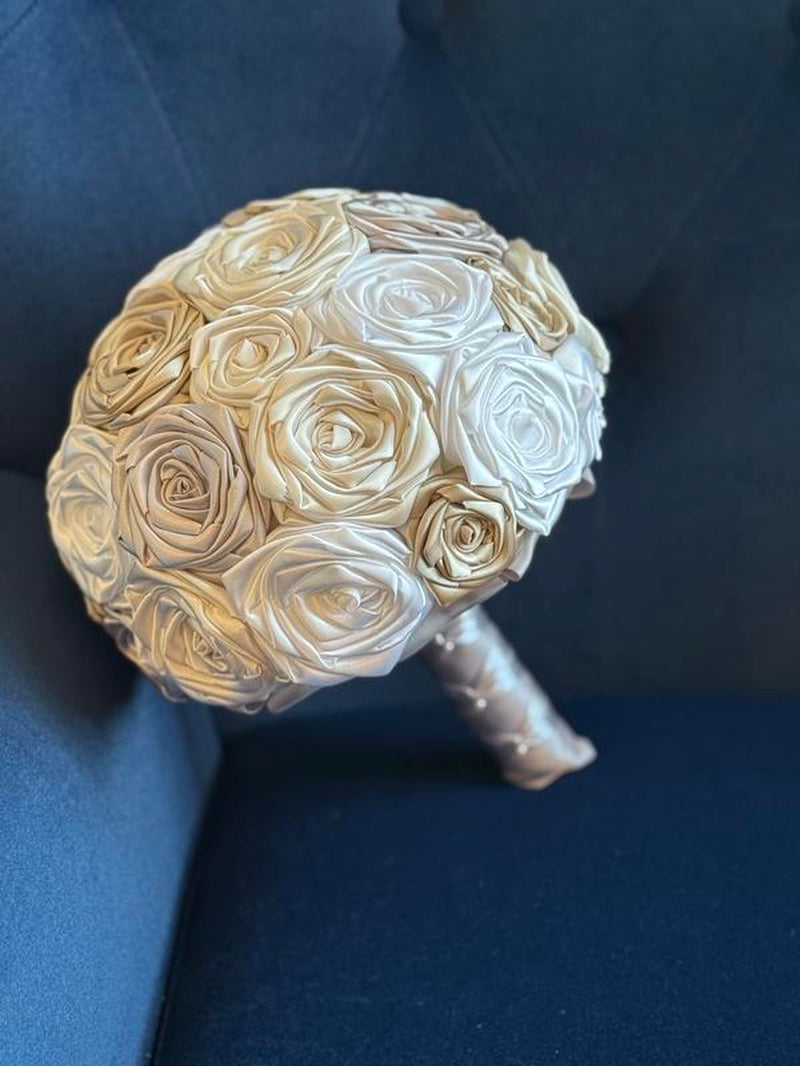 Mila's Bouquet: Elegant Ivory, White, Silver, and Champagne Bridal Bouquet for Outdoor, Beach, and Church Weddings - Handmade Satin Rose Design for Budget-Conscious Brides